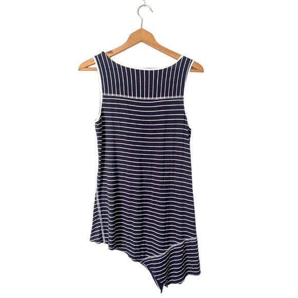 Cable & Gauge Striped Asymmetrical Tunic Stretch Sleeveless Blouse Navy White - Picture 3 of 7
